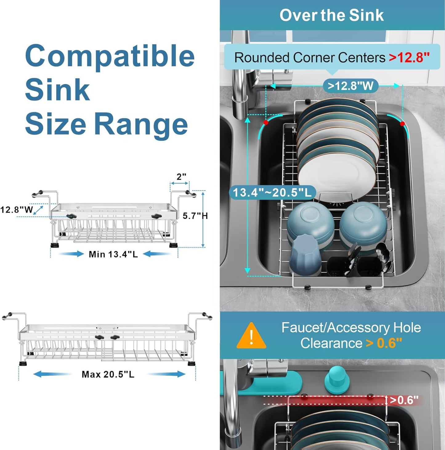 GSlife Expandable in Sink Dish Drying Rack - Stainless Steel Capacity Adjustable Over The Sink Dish Rack (13.4''-20.4''), Dish Drainer for Kitchen Sink Counter with Utensil Holder, Silver