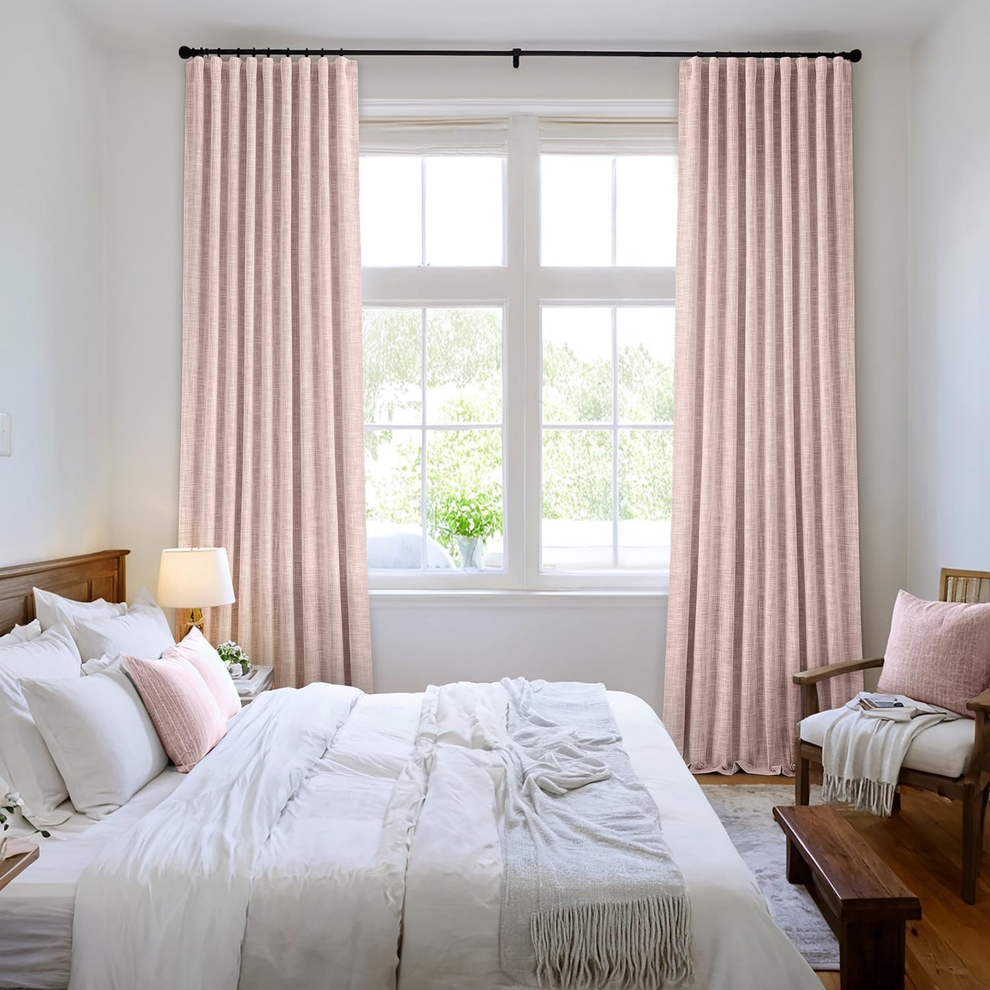 MIULEE Baby Pink 100% Blackout Linen Curtain 108 Inch 2 Panel Set Double Sided No Coating Pleated Back Tab Black outExtra Long Thermal Insulated Pinch Pleat Bedroom Living Room Darkening Window Drape