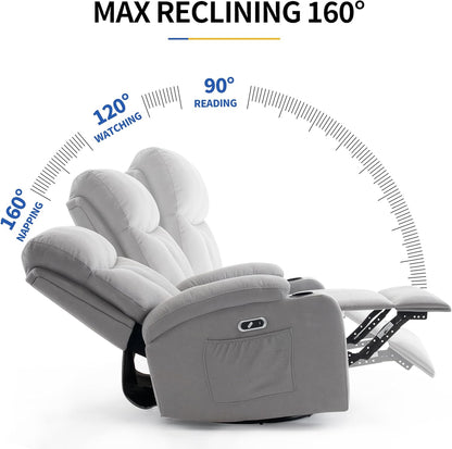 Swivel Power Recliner Chair for Adults with Full Body Massage, Electric Rocker Recliner Chairs for Living Room with USB and Type-C Ports, Fabric Rocking Reclining Sofa Chair (LightGrey)