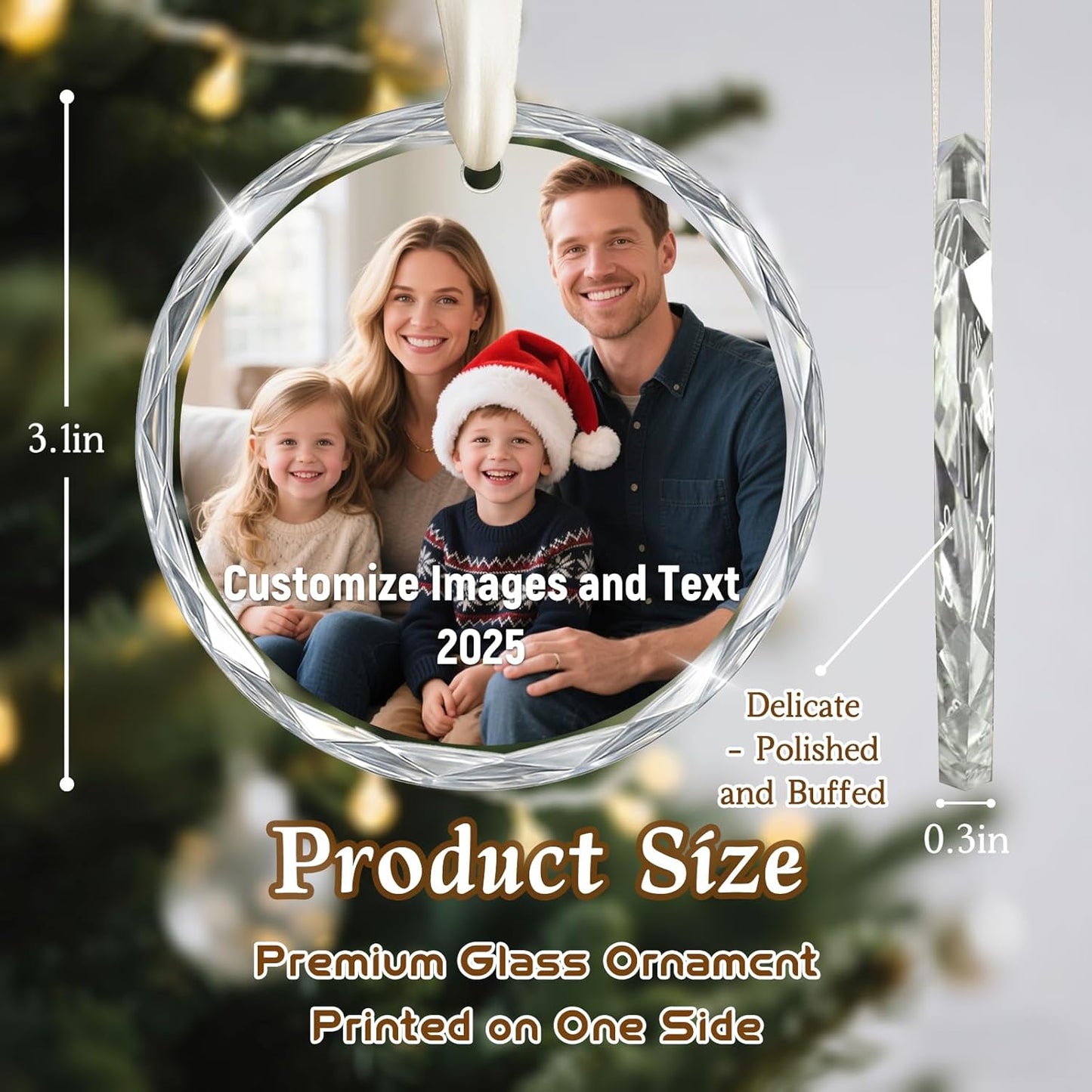 Personalized Christmas Ornament 2025, Custom Christmas Photo Crystal Glass Ornaments with Name or Date, Personalized Christmas Tree Decor Gifts for Family, Friends or Newlyweds