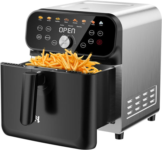 Air Fryer, 6QT Air Fryer Oven with LED Digital Touchscreen, 12 Preset Cooking Functions Air fryers,Roast, Warm-Up, Stay Warm, Stick-Free & Dishwasher-Friendly Basket, Stainless Steel/Black