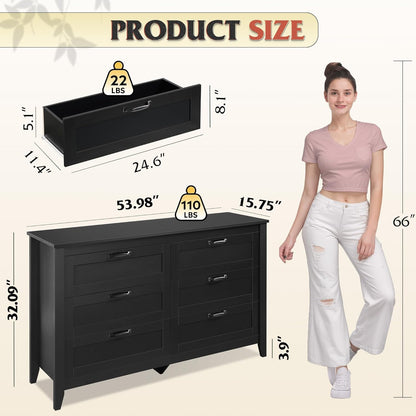 WLIVE Black Dresser for Bedroom, 6 Drawer Wood Dresser with Metal Handle, Large Double Wooden Chest of Drawers for Living Room, Hallway, Closet