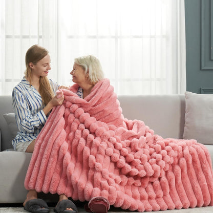 Cozy Bliss Faux Fur Throw Blanket for Couch, Cozy Warm Plush Striped Blanket for Sofa Bedroom Living Room,50 * 60 Inches Hot Pink