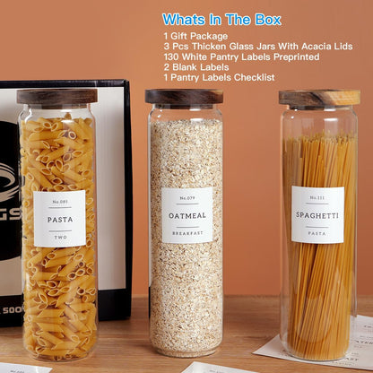 3 Set Glass Pantry Storage Jars with Acacia Airtight Lid - 50oz Thicken Glass Kitchen Canisters with 132 Pantry Labels - Tall Food Storage Containers with Wood Lid for Pasta,Spaghetti,Cereal
