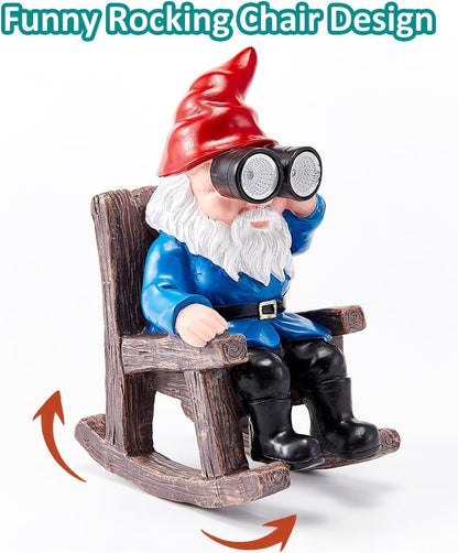 Solar Garden Gnome Statues Resin Gnome Figurines Sitting on Rocking Chair Outdoor Telescope Gnome Gifts for Yard, Patio Decor Gift