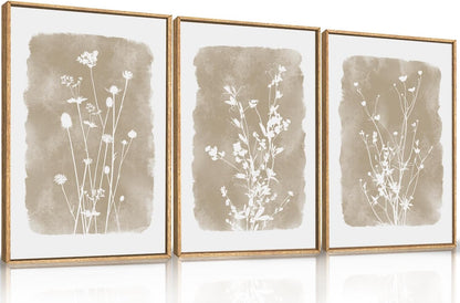 HPINUB Large Boho Wildflowers Canvas Framed Wall Art Set,Minimalist Vintage Flower Wall Decor,Beige Floral Botanical Artwork for Living Room Bedroom,Dining Room,Office -16"x24"x3