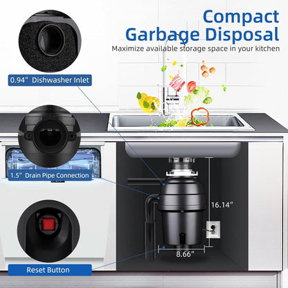 Powerful 1HP Stainless Steel Garbage Disposer, Dishwasher-Friendly and Continuous Feeding Waste Disposer, Grinding Material Four-Stage Grinding, Black