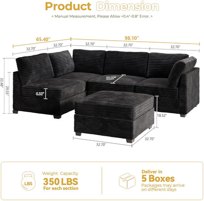 HOOOWOOO Modular Sectional Sofa,5 Pieces Sectional Couches for Living Room,98X55 L Shaped Cloud Couch with Ottoman Chaise Set(Black Velvet Corduroy)
