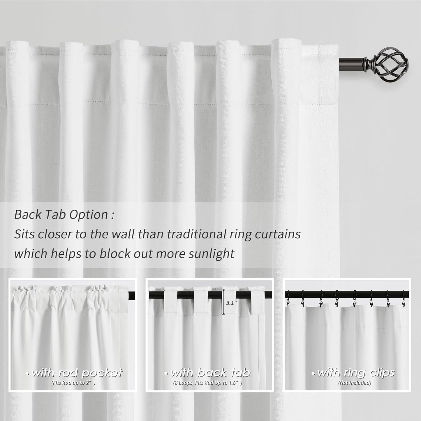 White Linen Black Out Curtains for Ceiling Living Room 120 Inches 2 Panels Set Extra Long Blackout Curtains Back Tab Hook Belt Thermal Insulated Heat Blocking Drapes for Large French Window Doors