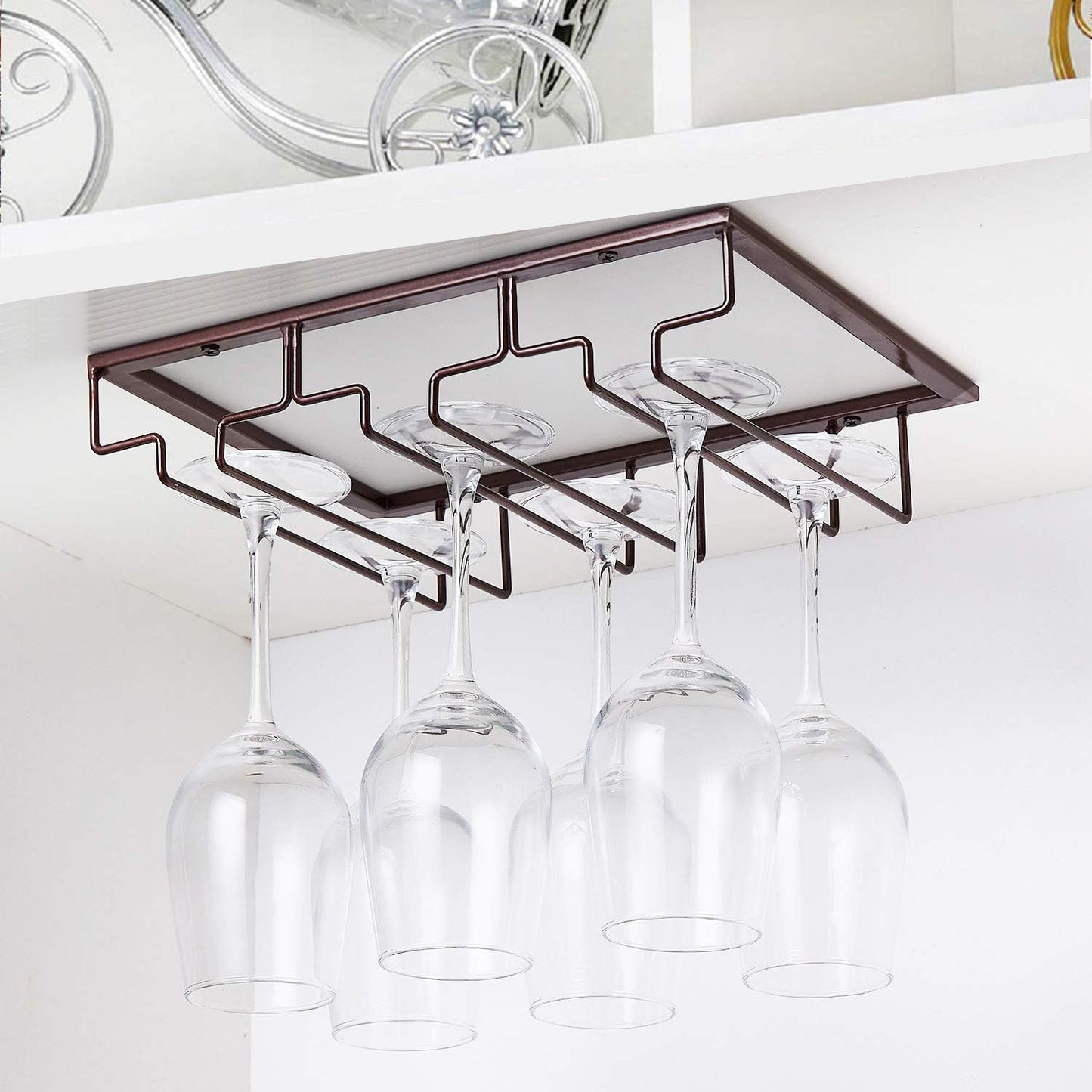 Wine Glass Rack - Under Cabinet Stemware Wine Glass Holder Glasses Storage Hanger Metal Organizer for Bar Kitchen Brown