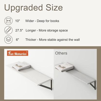Fun Memories 27.5" W x10 D Floating Shelves, White Wall Shelf with Brackets, 10 Inch Deep Floating Shelf Set of 2, Large Storage Kitchen Living Room Bathroom Shelves, Wood Wall Mounted Shelf