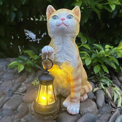 Garden Decor Solar Cat Statues with Solar Lantern Outdoor Decor Lovely Tabby Cat Figurine Art Decor for Home Lawn Yard Housewarming Gift for Mom Grandma Women Cat Lover