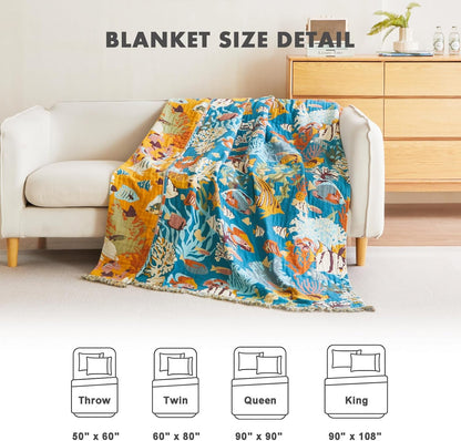 MSGKV Throw Blanket for Couch Bed Cotton Muslin Breathable Cute Ocean Animals Twin Size Blanket 60"x80" for All Seasons Lightweight Farmhouse Blankets