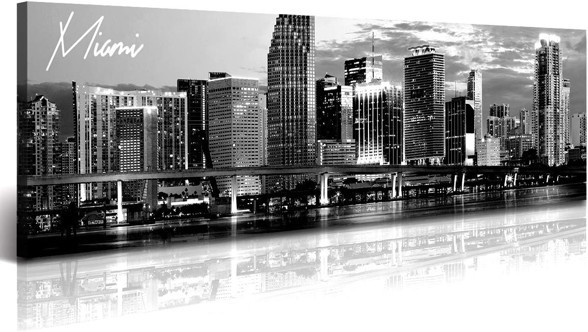 DJSYLIFE Miami Skyline Wall Art Decor Panoramic Cityscape Picture Modern USA City Night View Canvas Prints for Bedroom Office Living Room Decoration Stretched and Framed Ready to Hang 13.8"x47.3"