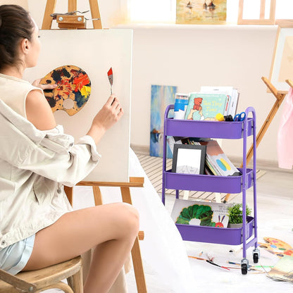 AGTEK Makeup Cart, Movable Rolling Organizer Cart, 3 Tier Metal Utility Cart with Lockable Wheels for Home & Office, Violet