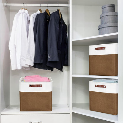 13x13 Cube Storage Bins, Collapsible Fabric Storage Box, 4 Pack Closet Baskets with Handles for Organizing, Shelf, Toys, Clothes, Home, Office, Nursery (Brown&White)