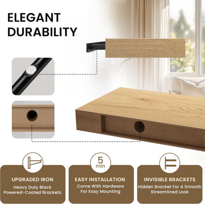 Floating Shelves for Wall, 36" W x 8" D x 1.5" H, Wooden Wall Mounted Display Shelves with Invisible Brackets for Living Room, Bedroom, Bathroom, Kitchen Decor and Storage, Set of 2, Oak