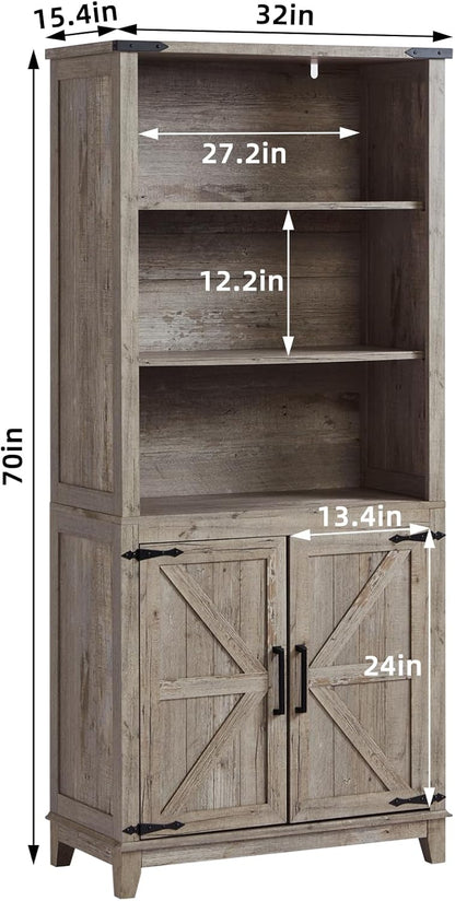 70in Tall Bookshelf 5 Tier Bookcase with Barn Doors and Adjustable Shelves, Grey Farmhouse Book Shelf with Storage Cabinet, Wood Freestanding Display Bookshelves for Bedroom, Kitchen (2PCS)