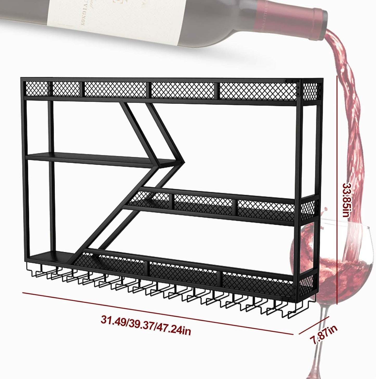 Wall Mounted Wine Rack with Glass Holder, 3-Tier Metal Storage Shelf, Black Diamond Design, Wine Bottle Display with Stemware Storage (Black, 31.49in/Left)