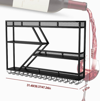 Wall Mounted Wine Rack with Glass Holder, 3-Tier Metal Storage Shelf, Black Diamond Design, Wine Bottle Display with Stemware Storage (Black, 31.49in/Left)