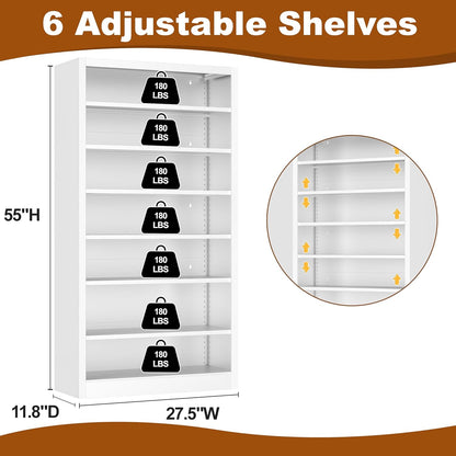 Metal DVD Storage Cabinets White, 7-Tier CD Storage Rack with Adjustable Shelves for CD Holder, Books, Games, Book Shelf for Living Room & Home Office