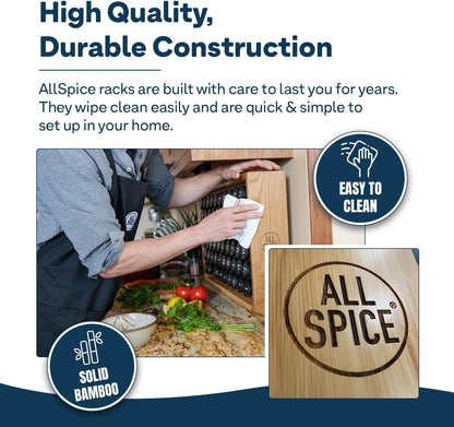 AllSpice Spice Rack Organizer, Wood, 525 Unique Labels, Countertop or Wall Mount, Includes 60 4oz Jars- Matte Black