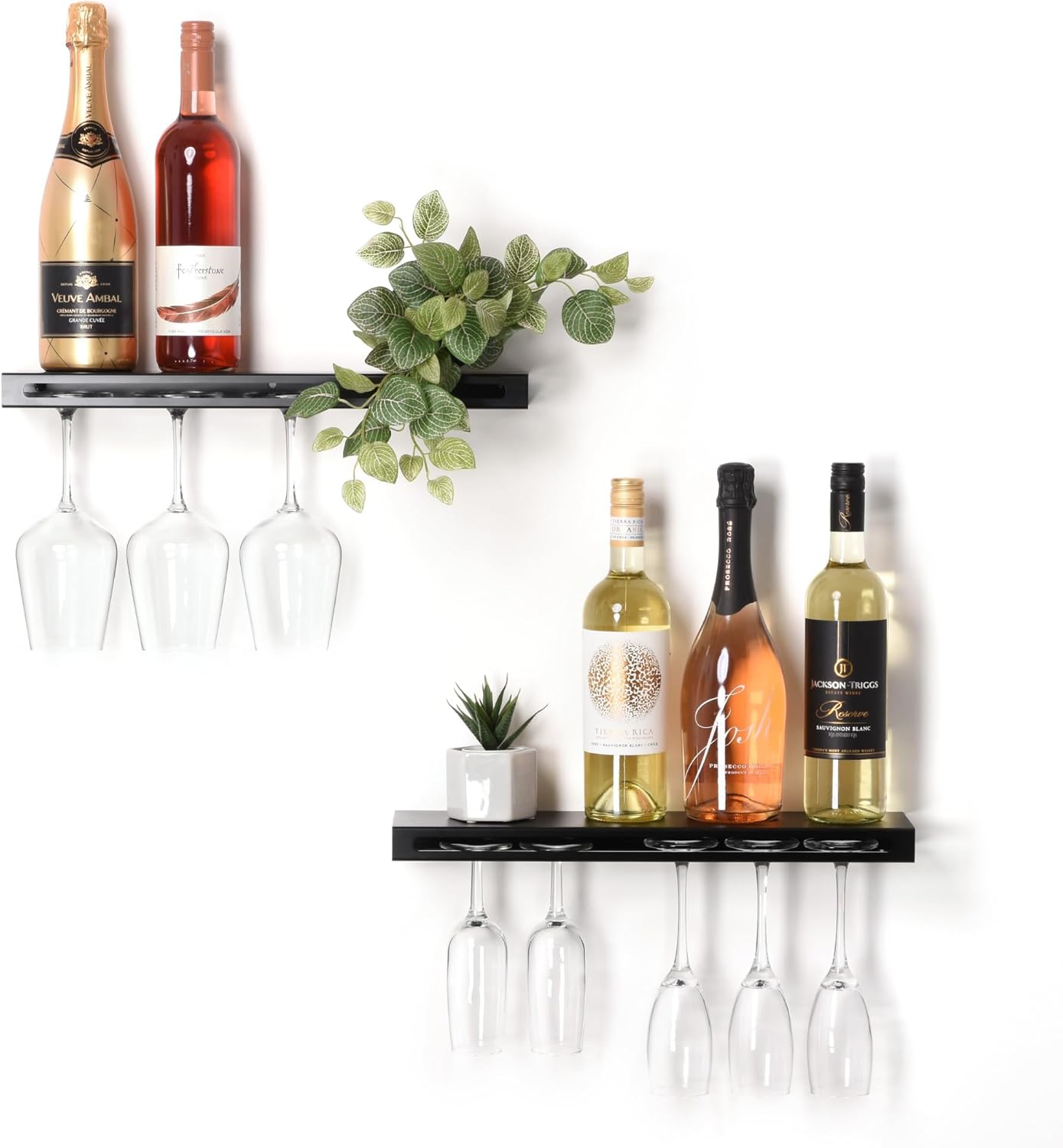 Wall Mounted Wine Rack – Metal Floating Bar Shelf with Bottle and Glass Holder, Holds 5 Bottles and 4-6 Glasses