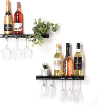 Wall Mounted Wine Rack – Metal Floating Bar Shelf with Bottle and Glass Holder, Holds 5 Bottles and 4-6 Glasses