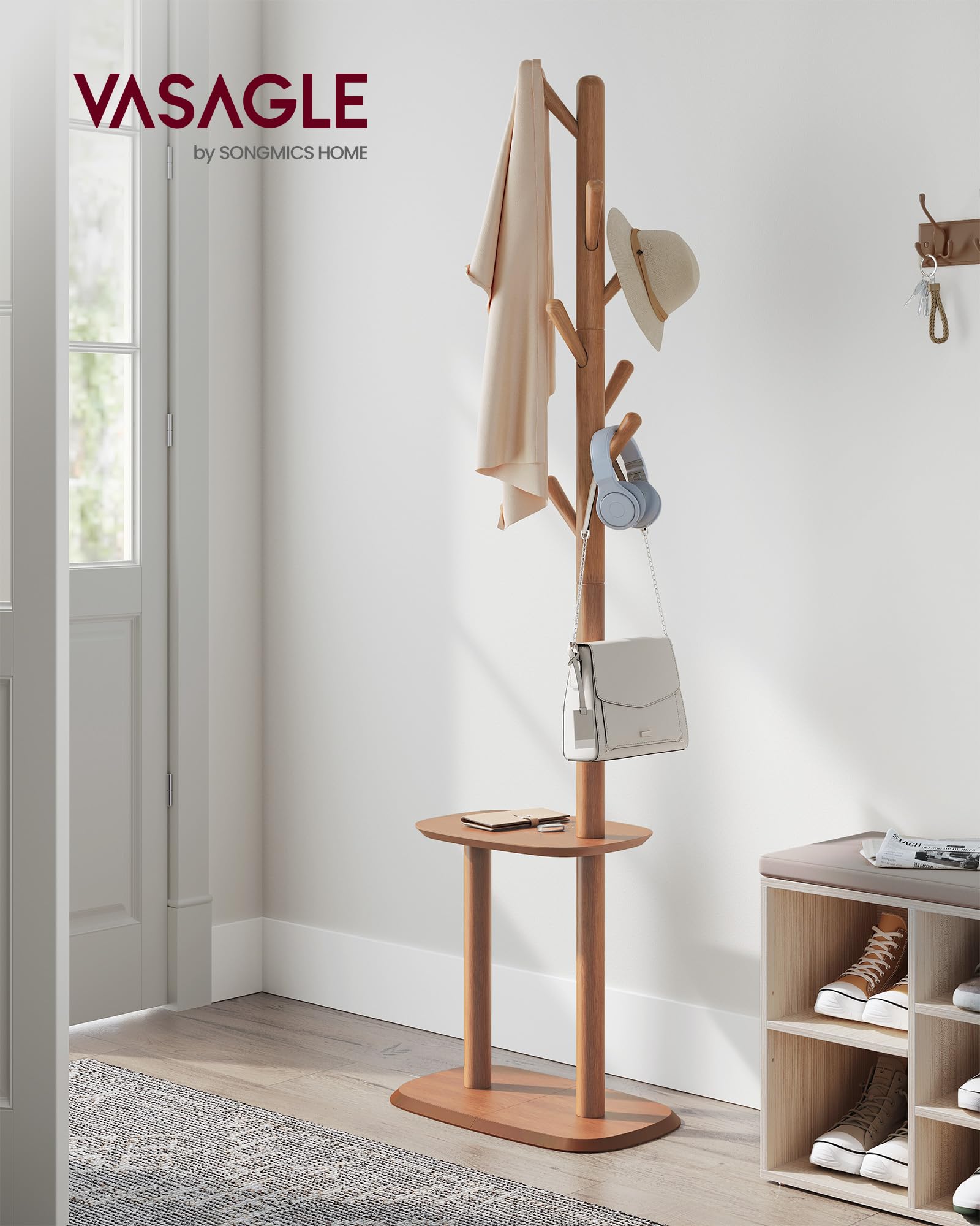 VASAGLE Coat Rack, Free Standing Coat Stand, Hall Coat Tree with 8 Hooks and Storage Shelf, 67.2