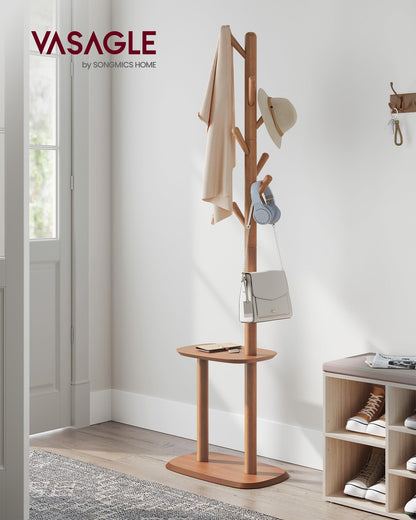 VASAGLE Coat Rack, Free Standing Coat Stand, Hall Coat Tree with 8 Hooks and Storage Shelf, 67.2