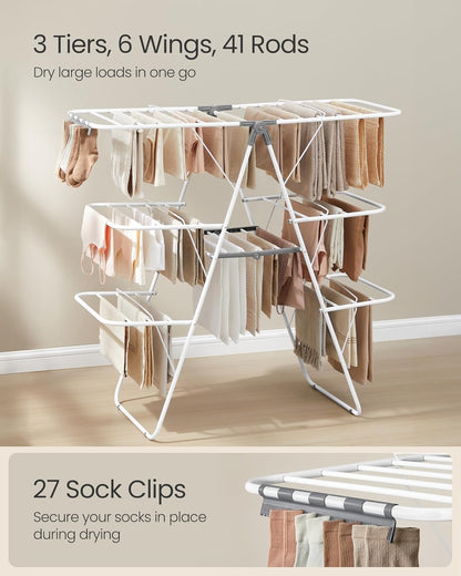 SONGMICS Clothes Drying Rack, Foldable 3-Level Laundry Rack, Free-Standing Large Drying Rack, with Height-Adjustable Wings, 39 Drying Rails, Sock Clips, White and Gray ULLR054W01