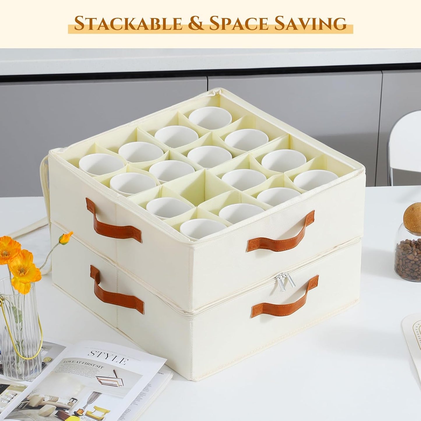 2 Pack Cup and Mug Storage Box with Dividers and Hard Shell, Stackable Coffee Cup Storage Organizer with Lid, Zipper, and Handles for Coffee Mugs, Cups, Glasses, Stemware Storage Containers for Moving