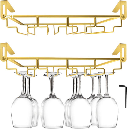AUHOKY Adjustable Wine Glass Holder Under Shelf, Nail Free Metal Stemware Holder Storage Hanger, Hanging Wine Glasses Rack Organizer Under Cabinet Mount for Bar Kitchen (4 Rows, Gold)