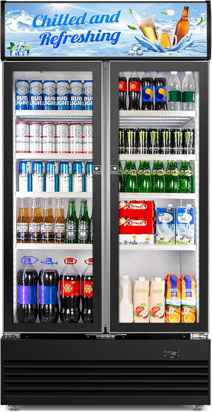 Commercial Beverage Refrigerator, 40 Inch 35 Cu.Ft. Commercial Drink Fridge, Display Refrigerator with Double Glass Door, Commercial Display Fridge with 8 Adjustable Shelves, for Shop,Restaurant,Bar