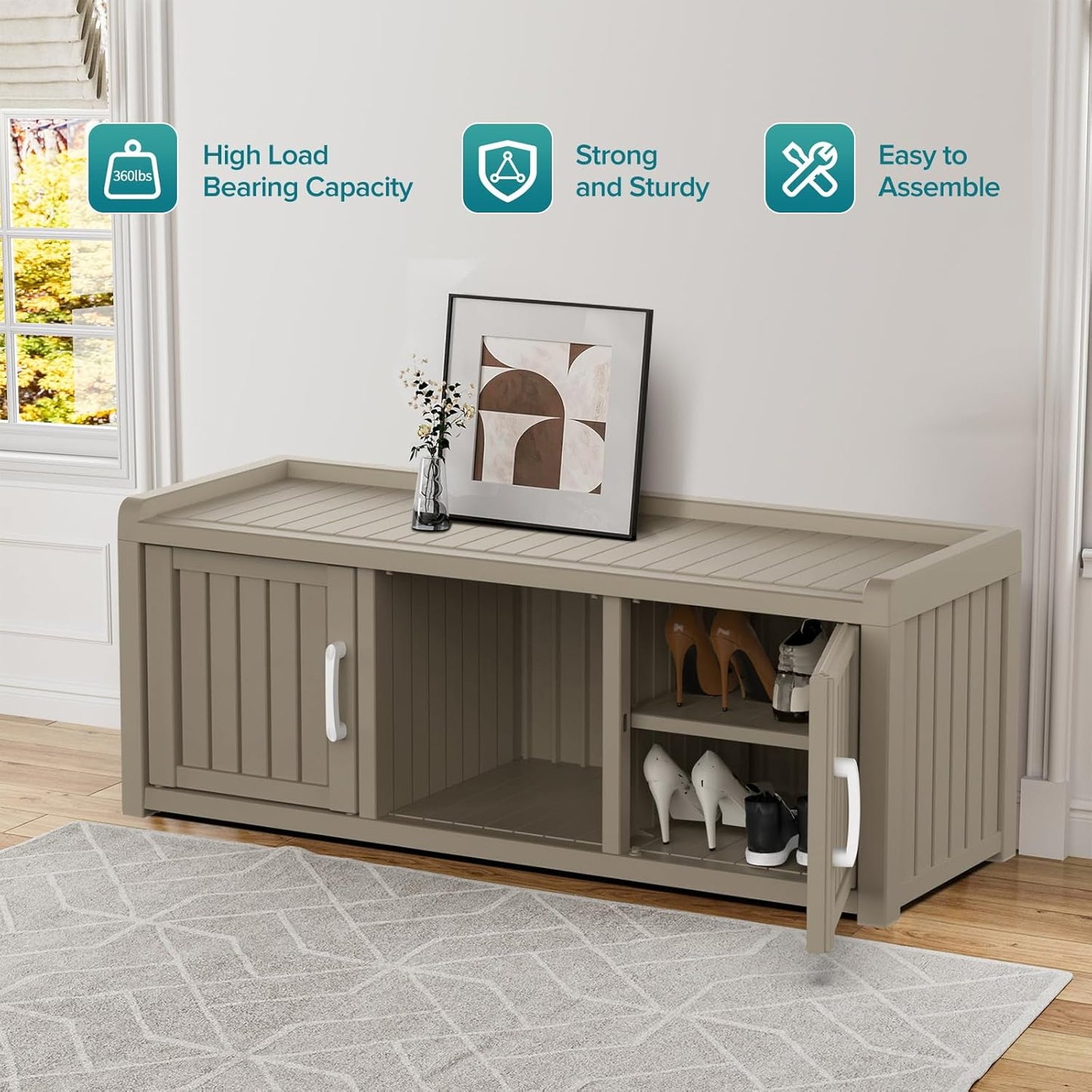 ROJIK Shoe Cabinet Waterproof UV-Resistant,Storage Bench Indoor Outdoor with Adjustable Shelves,for Entryway Bedroom,Hallway,Living Room(2 Door,Grey)