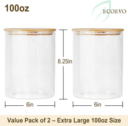 Glass Jars with Bamboo Lids, Glass Food Jars and Canisters Sets, Flour Jar, Large Food Canister with airtight lids, Flour Storage Container, Pantry Jars, 100oz