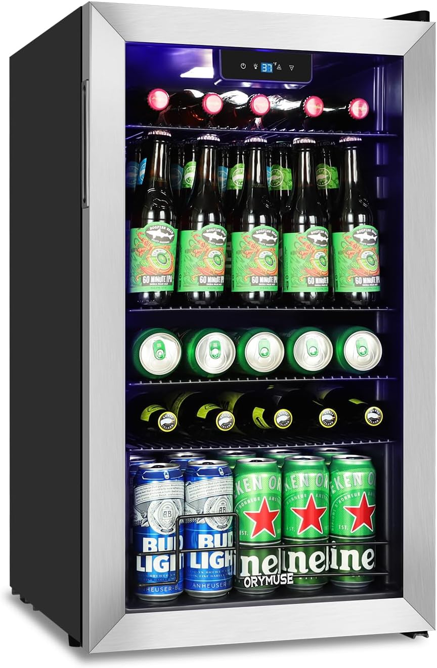 120 Can Beverage Refrigerator ??Mini Fridge with Glass Door for Soda Beer or Wine, Beverage Cooler for Bedroom, Office, Bar with Adjustable Shelves & Digital Temperature Display, Silver