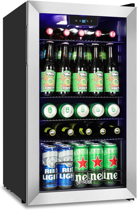 120 Can Beverage Refrigerator ??Mini Fridge with Glass Door for Soda Beer or Wine, Beverage Cooler for Bedroom, Office, Bar with Adjustable Shelves & Digital Temperature Display, Silver