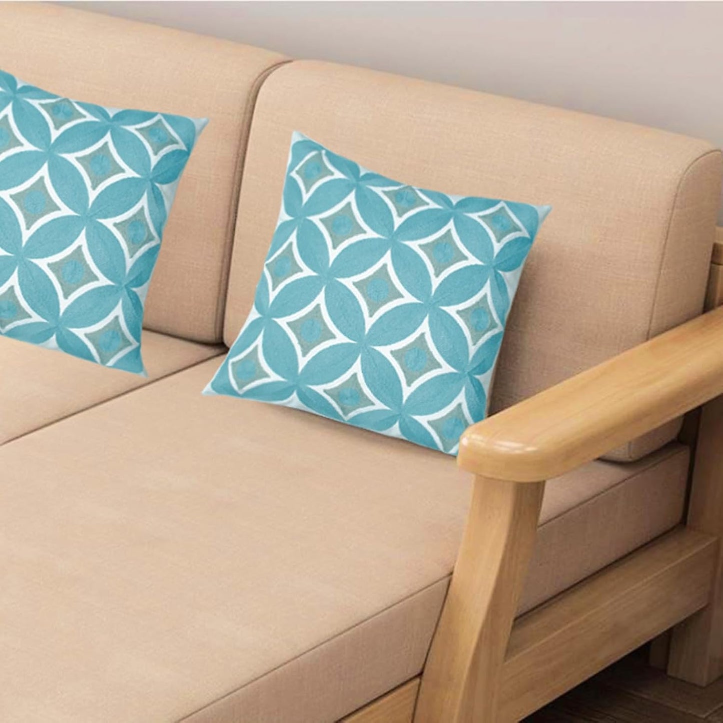 Embroidered Decorative Throw Pillow Cover, 18"x18" Set of 2, Farmhouse Pillowcase Blue Knit Pattern Cotton Canvas Cushion Case Square Floral Pillow Case for Sofa Couch Bed Living Room