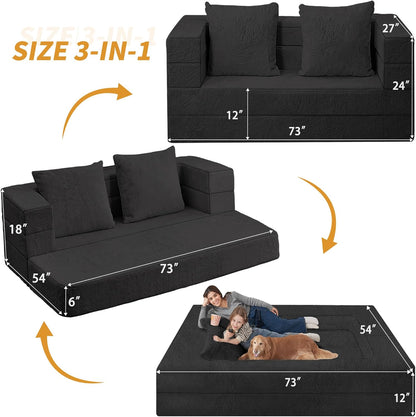 Folding Bean Bag Chair for Adults,3-in-1 Bean Bag Couch Faux Fur Floor Sofa Large Beanbag Convertible Bean Bag Sofa Bed with Pillow in Bedroom,Living Room,Apartment(Queen,Black)