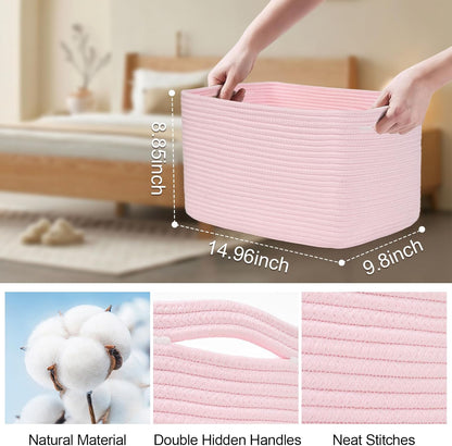 3-Pack Shelf Baskets for Organizing, Woven Storage Basket for Shelves, Cotton Rope Storage Bins for Toys Books, Nursery Towel Baskets for Classroom, 14.96"X9.8"X8.85", Pink