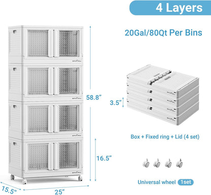 400Qt Stackable Storage Bins with Lids, 100Gal Closet Organizers and Storage Drawer, Plastic Collapsible Storage Bins with Doors, Heavy Duty Store Box Cabinet for Home Kitchen, 4Pack White