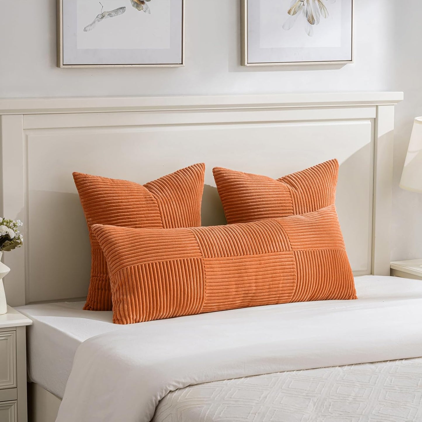 Fancy Homi Set of 2 Orange Boho Long Lumbar Body Decorative Throw Pillow Cover 14x36 Inch for Bed Couch Bedroom Bench, Soft Patchwork Corduroy Textured Pillow Case, Rustic Farmhouse Room Décor