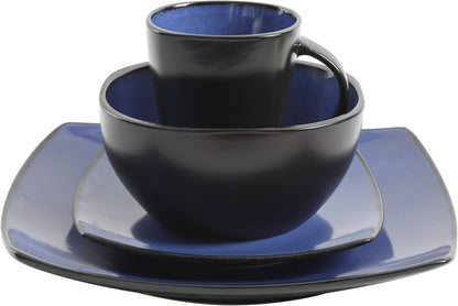 Gibson Elite Soho Lounge Square Reactive Glaze Stoneware Dinnerware Set, Service for 4 (16pc), Sapphire