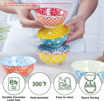 Colorful Ceramic Bowls 10oz, 4.7in small cereal bowl Set of 6 for ice cream, Dessert, Porcelain bowl for Dipping, Sauce, Dishwasher/Microwave safe