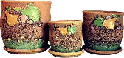 Ceramic Pot with Drainage Hole and Saucer, Plant Pots, Modern Decorative Planters for House Plants Indoor Flowers Plants, Cute Flower Pot - Gifts (Hedgehog (1.7 L))