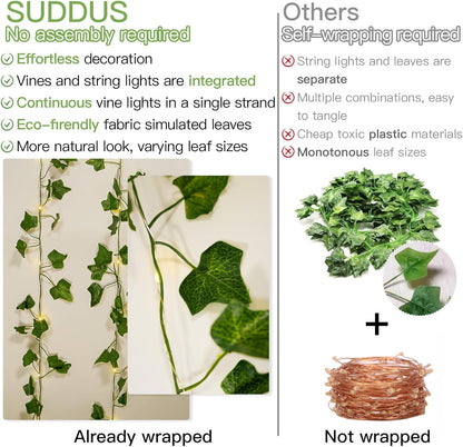suddus Vine with Fairy Lights Battery Operated, 13.1ft 40 LED Ivy String Light with Remote, Leaf Lights for Bedroom, Room, Wall, Garden, Party, Wedding Decor (Warm White)
