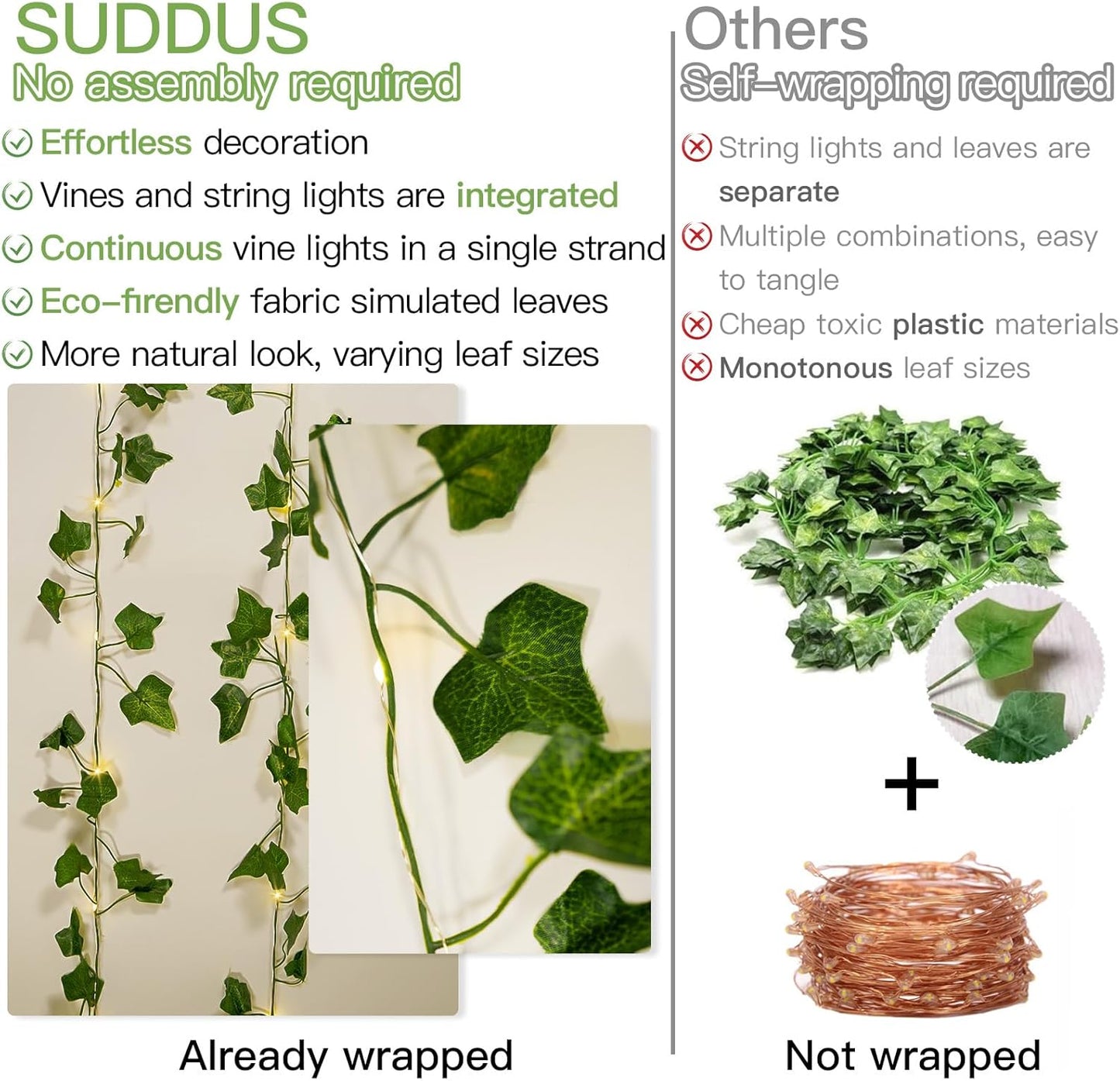 suddus Vine with Fairy Lights Battery Operated, 33ft 100 LED Ivy String Lights with Remote, Leaf Lights for Bedroom, Room, Wall, Garden, Party, Wedding Decor (Warm White)