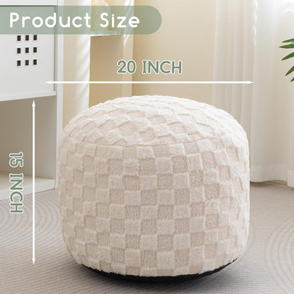 HIGOGOGO Round Stuffed Pouf Ottoman, Plaid Poufs with Foam Chunk Filling, Fluffy and Furry Pouf Foot Stool Storage Ottoman, 20 X 15 Floor Poufs Foot Rest for Living Room, Beige