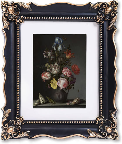 8x10 Vintage Picture Frame with Embossed Flower Design, Black Ornate Frame for 8x10 or 5x7 Pictures with White Mat, Hand-Crafted Resin Antique Frames for Tabletop & Wall Hanging, Home Decor (Black)